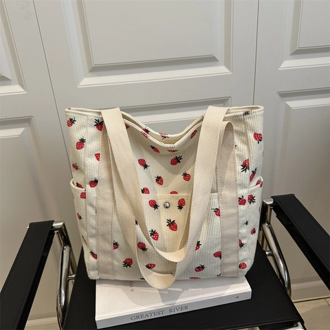 Women Corduroy Strawberry Print Tote Bag Large Capacity Casual Shoulder Handbag Sweet Fashion Shopper Bag For Daily Travel