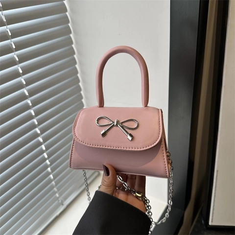 Women PU Leather Bowknot Small Square Bag Elegant Silver Chain Mini Shoulder Bag Bow Decor Crossbody Tote Handbag Daily Purse