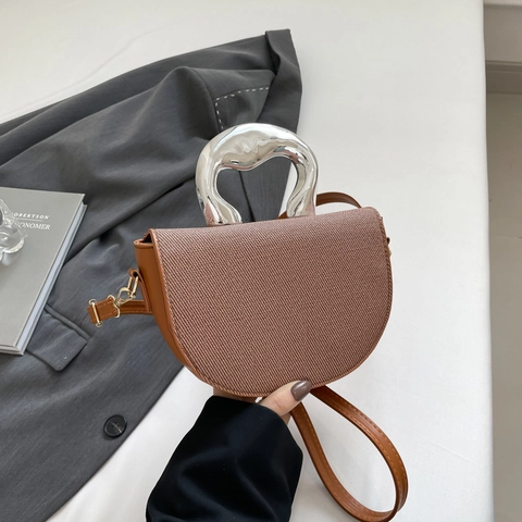 Fashion Women PU Leather Crossbody Bag Half Moon Shape Handbag With Irregular Metal Handle Solid Color Adjustable Shoulder Messenger Bag