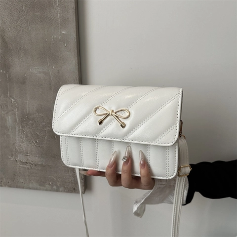 Fashion Women Bow Quilted PU Leather Shoulder Bag Rhomboid Texture Flap Crossbody Bag With Adjustable Strap Square Purse