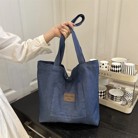 Women Denim Tote Bag Large Capacity Shoulder Bag With Leather Label Vintage Solid Color Casual Commuter Handbag