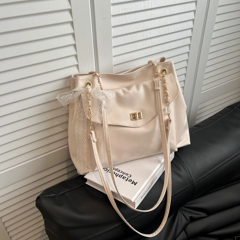 Women Large Capacity Shoulder Bag Korean Sweet PU Leather Tote Bag With Lace Bow Gold Twist Lock Chain Strap Messenger Bag