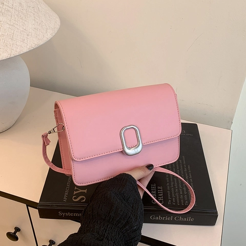 Bolso de Hombro Cuadrado Pequeño de Cuero Sintético Minimalista para Mujer Estilo Coreano Color Sólido Hebilla de Metal Plateado