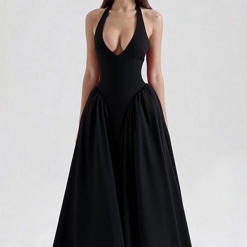Halter Neck Deep V Sexy High Waist Maxi Dress Elegant Solid Color Backless Pleated A-Line Swing Party Dress For Women