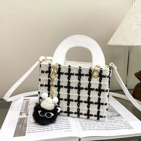 Damen Kariert Tweed Schultertasche Vintage Lady Handtasche Mit Plüsch Anhänger Kleine Umhängetasche Für Alltag Reise Shopping