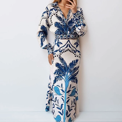 Women Printed V-Neck Long Sleeve Shirt And High Waist A-Line Long Skirt Elegant Bohemian Tropical Holiday Fashion Outfit