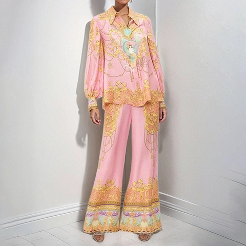Elegant Barok Vintage Roze Print Shirt Met Lange Mouwen En Wijde Pijpen Top En Bottoms Set Voor Dames Luxe Resort Wear