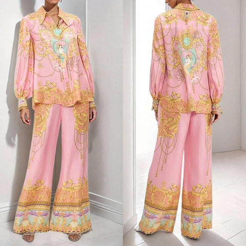 Elegant Barok Vintage Roze Print Shirt Met Lange Mouwen En Wijde Pijpen Top En Bottoms Set Voor Dames Luxe Resort Wear