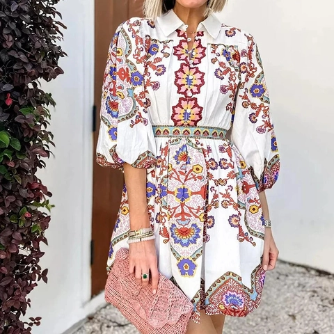 Damen Böhmisches Blumenmuster Laternenärmel Minikleid Vintage V-Ausschnitt Einreihig Hohe Taille A-Linie Kurzes Kleid Urlaub Frühling