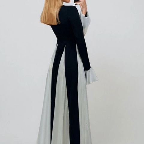 Women Elegant Contrast Color Flare Sleeve Maxi Dress Pleated Patchwork Long Sleeve Slim Fit A-Line Flowy Party Dress