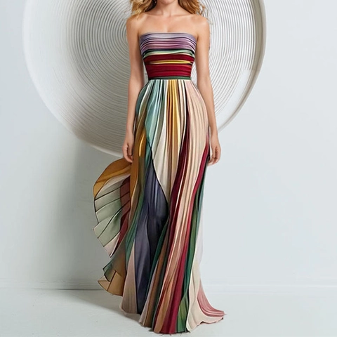 Women Sexy Tube Top Pleated Maxi Dress Multicolor Striped Gradient Rainbow Strapless High Waist Slim Party Club Dress