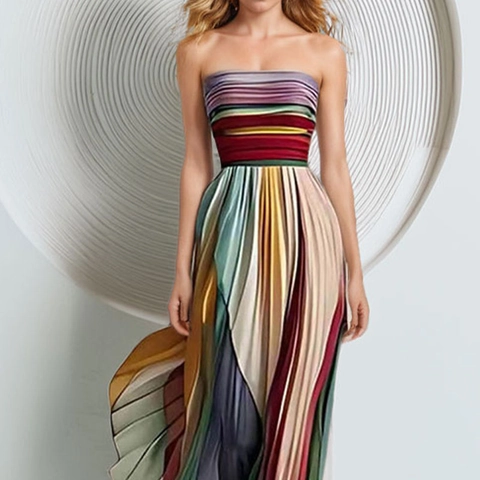 Vestido Largo Sexy de Rayas de Arco Iris Plisado con Top de Tubo Elegante sin Mangas de Cintura Alta