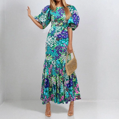 Elegante Abito Lungo Con Stampa Floreale Maniche A Sbuffo Gonna A Sirena Per Donna Vintage Slim Fit Vacanza Festa Estate