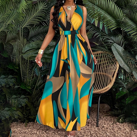 Sexy V-Ausschnitt Ärmellos Maxikleid Damen Abstrakter Druck Hohe Taille A-Linie Sommer Urlaub Strand Boho Langes Kleid