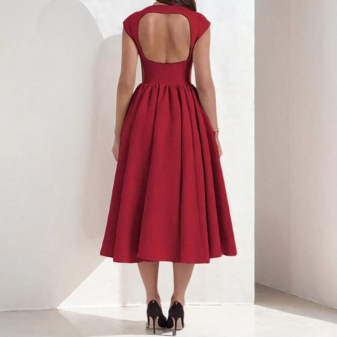 Women Elegant Sleeveless Maxi Dress Structured One Neck Backless Hollow Out High Waist Flare Party Dress A-Line Maxi Dress