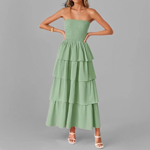 Dames Strapless Gesmokte Gelaagde Maxi-jurk Elegant Effen Kleur Ruffle Layered Cake Party Vakantie Strand Boho Lange Jurk