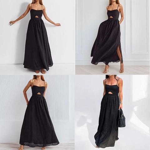 Women's Black Cut-out Cami Maxi Dress High Waist Side Slit Spaghetti Strap Sleeveless Slim Fit Polyester Long Dress