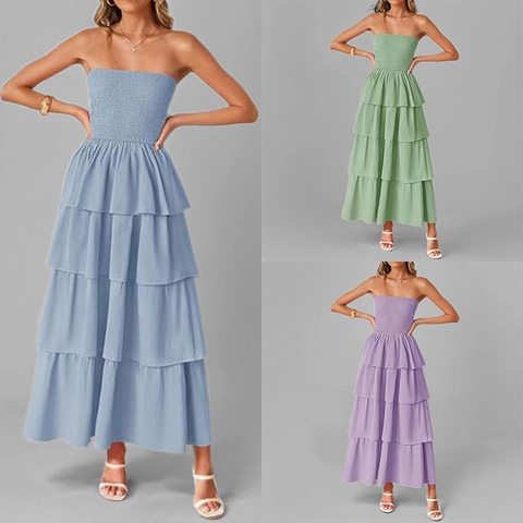 Dames Strapless Gesmokte Gelaagde Maxi-jurk Elegant Effen Kleur Ruffle Layered Cake Party Vakantie Strand Boho Lange Jurk