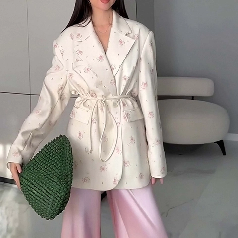 Women Elegant Floral Print Blazer Dress Notch Lapel Long Sleeve Suit Jacket With Waist Tie Office Daily Casual Outerwear