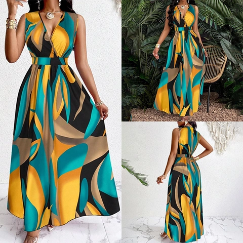 Sexy V-Ausschnitt Ärmellos Maxikleid Damen Abstrakter Druck Hohe Taille A-Linie Sommer Urlaub Strand Boho Langes Kleid