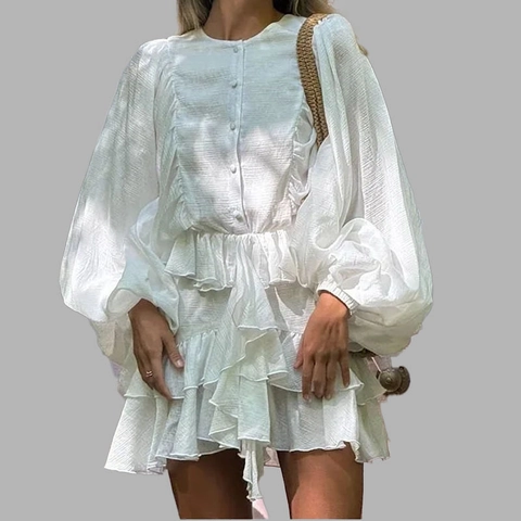 Elegantes Damen Mini Kleid mit Rüschen Laternenärmel Rundhals Einfarbig Hohe Taille Gestuftes Kuchenkleid Mode Pendler Kleidung