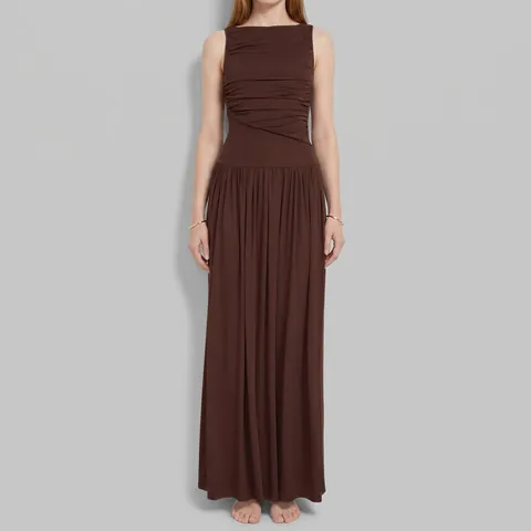 Abito Maxi da Donna Sexy Minimalista Tinta Unita Vita Pieghettata Vestibilità Slim Senza Maniche Girocollo Abbigliamento Elegante da Pendolare