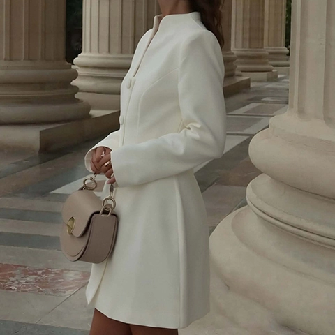 Women Structured Blazer Mini Dress Long Sleeve Button Up Stand Collar Slim Fit Elegant Solid Color Commuter Short Dress