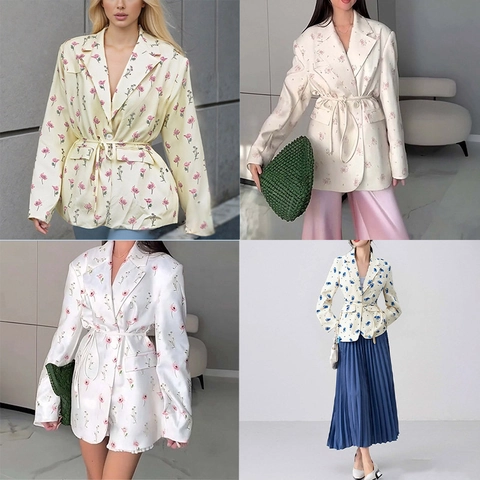 Women Floral Print Blazer Jacket Belted Long Sleeve Office Outerwear Casual Elegant Suit Collar Top