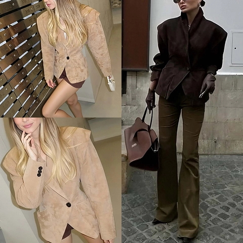 Chaqueta Americana Vintage de Gamuza para Mujer Hombreras Estructuradas Ajustado Abrigo Botones para Oficina Conmutar Clásico Color Sólido