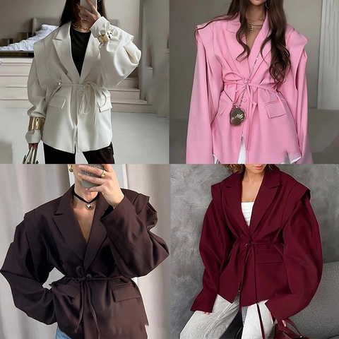 Women's Elegant Belted Suit Collar Jacket Slim Fit Office Top Outerwear Long Sleeve Casual Commuting Solid Floral Polyester Cardigan
