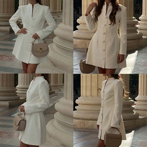 Women Structured Blazer Mini Dress Long Sleeve Button Up Stand Collar Slim Fit Elegant Solid Color Commuter Short Dress