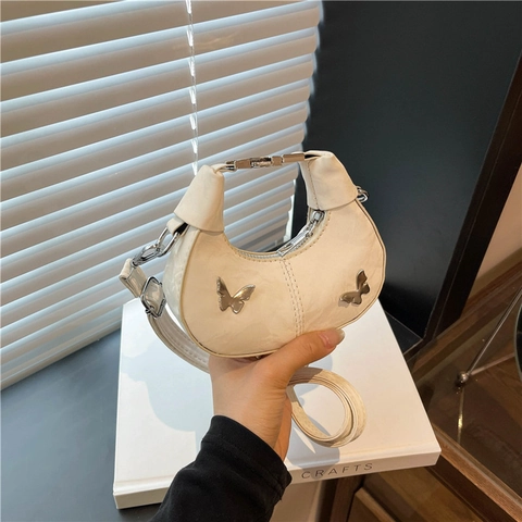 Borsa a Spalla Mini Mezzaluna da Donna in Pelle PU Con Farfalla Decorativa Borsa a Tracolla Casual Piccola Hobo per Uso Quotidiano
