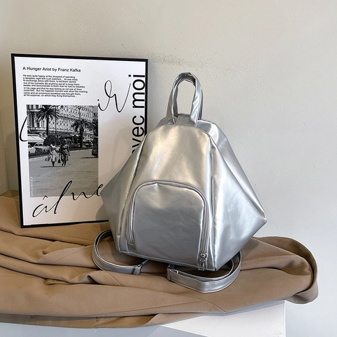 Mochila de Cuero PU de Moda Geométrica para Mujer Plateado Metálico Bolso Escolar Pequeño Viaje Diario Bolso de Hombro para Adolescentes