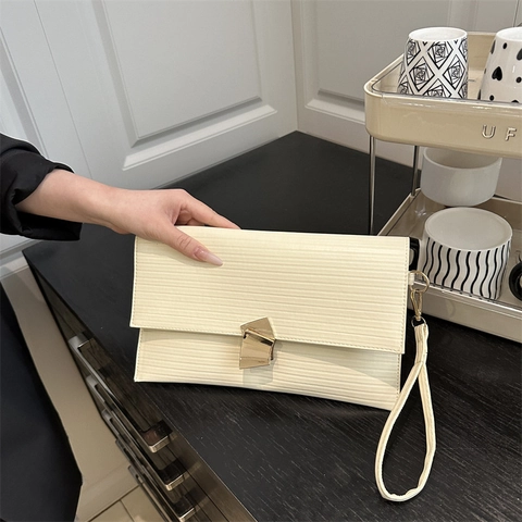 Pochette a Busta in Pelle PU da Donna alla Moda Con Serratura Geometrica Dorata Texture Orizzontale Borsa a Mano Piccola Quadrata alla Moda