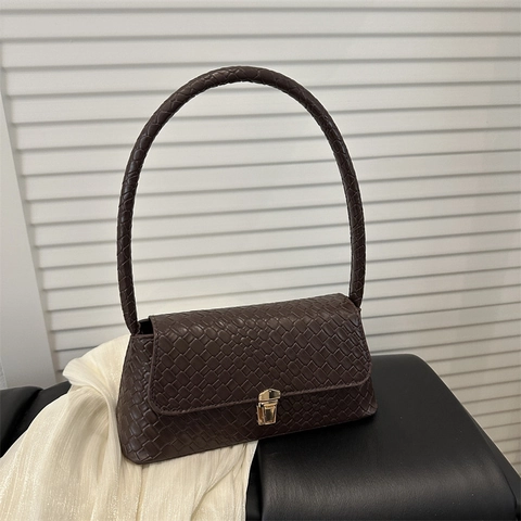 Damen Retro Geflochtene Textur Baguette Tasche Minimalistische Schultertasche Mit Großer Kapazität Goldschloss PU Leder Unterarmtasche