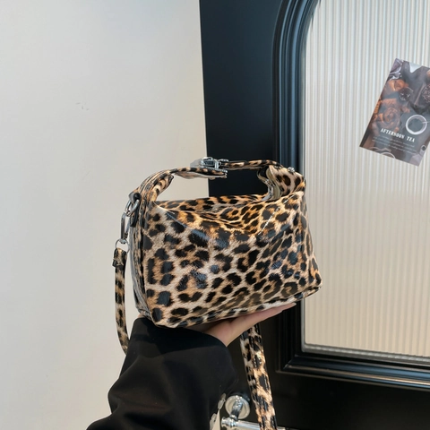 Borsa a Spalla da Donna in PU Lucido con Stampa Leopardata Piccola Borsa Quadrata Boston Con Tracolla Regolabile Borsa da Viaggio Casual