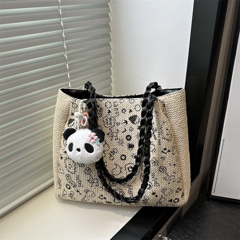 Damen Große Kapazität Gewebte Tragetasche Cartoon Graffiti Schultertasche Mit Süßem Panda-Anhänger Lässige Stoff Handtasche