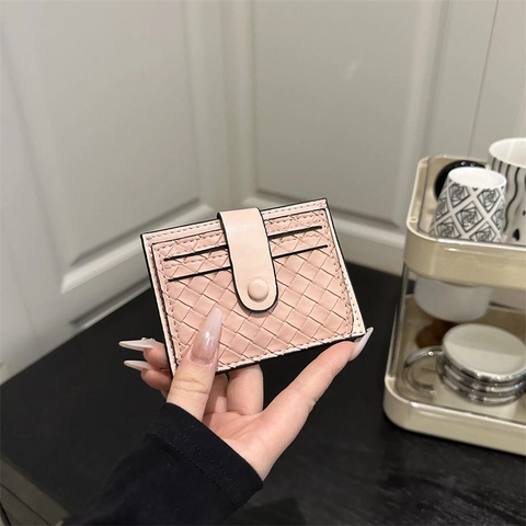 Portacarte in Pelle PU Intrecciata da Donna Portafoglio Sottile con Chiusura a Scatto Astuccio per Carte di Credito Minimalista