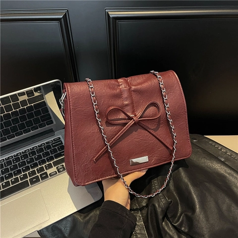 Fashion Women PU Leather Bowknot Crossbody Bag Large Capacity Chain Shoulder Bag Casual Commute Square Tote Bag New Style