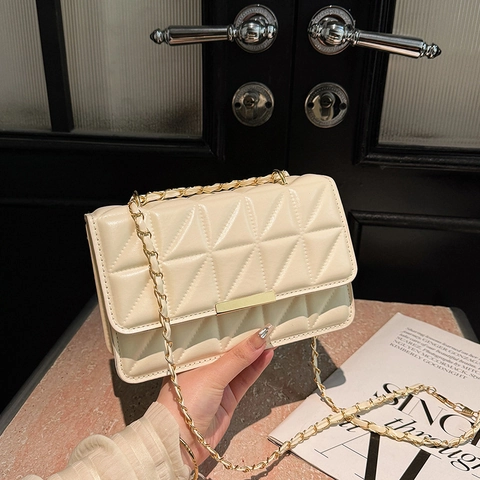 Women Fashion Geometric Quilted Shoulder Bag PU Leather Gold Chain Crossbody Bag Elegant Square Flap Handbag Daily Commute Party Purse