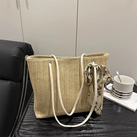 Women Urban Simple Straw Woven Tote Bag With Satin Scarf Large Capacity Summer Beach Handbag Versatile Shoulder Bag