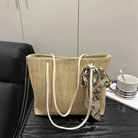 Women Urban Simple Straw Woven Tote Bag With Satin Scarf Large Capacity Summer Beach Handbag Versatile Shoulder Bag
