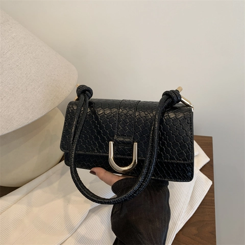 Franse Luxe PU Leer Onderarm Tas Schoudertas Voor Dames Vintage Geweven Patroon Vierkante Tas Gouden Gesp