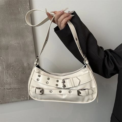 Women's Retro Y2K PU Leather Underarm Bag Punk Style Crescent Shoulder Bag With Metal Eyelets And Buckle Detail Fashion Purse