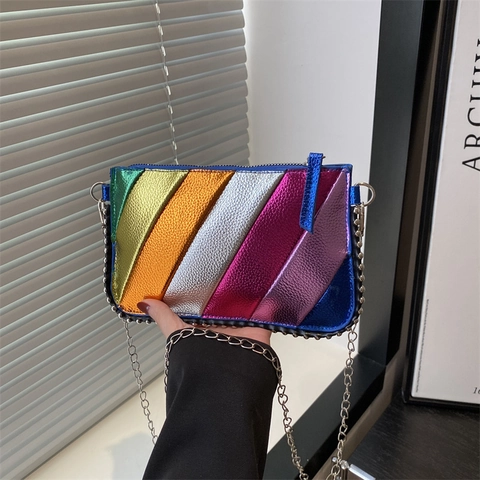 Women Korean Fashion Rainbow Striped Small Square Bag Metallic PU Leather Chain Shoulder Bag Trendy Splicing Crossbody Bag