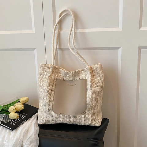 Borsa Tote in Paglia Intrecciata da Donna Grande Capacità Borsa a Tracolla per Vacanze Estive Con Manico in Corda e Patch in Pelle PU