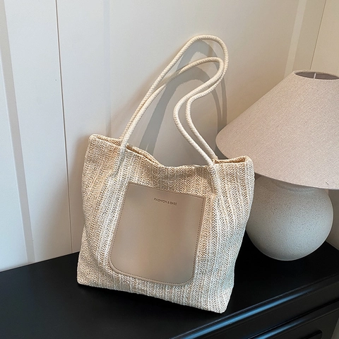 Stroh Gewebte Einkaufstasche Für Damen Große Kapazität Lässige Strand Umhängetasche Mit Baumwollseilgriff Leder Patch Handtasche