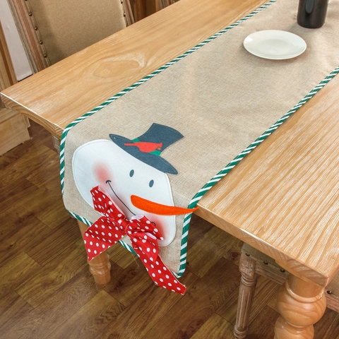 Weihnachten Tischläufer Leinen Jute Weihnachtsmann Schneemann Muster 3D Schleife Gestreifter Rand Tischmatte Für Xmas Deko