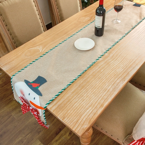 Weihnachten Tischläufer Leinen Jute Weihnachtsmann Schneemann Muster 3D Schleife Gestreifter Rand Tischmatte Für Xmas Deko