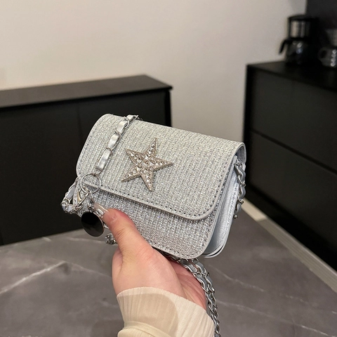 Mode Damen Stern Strass Glitzer Kette Umhängetasche Gesteppt Mini Quadrat Schultertasche Party Abend Clutch Handtasche